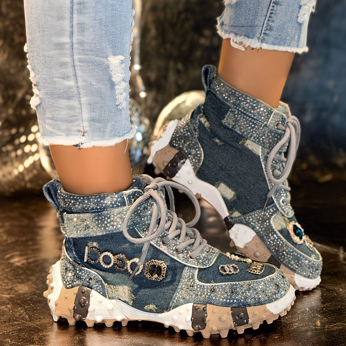  Rhinestone High-Top Shoes